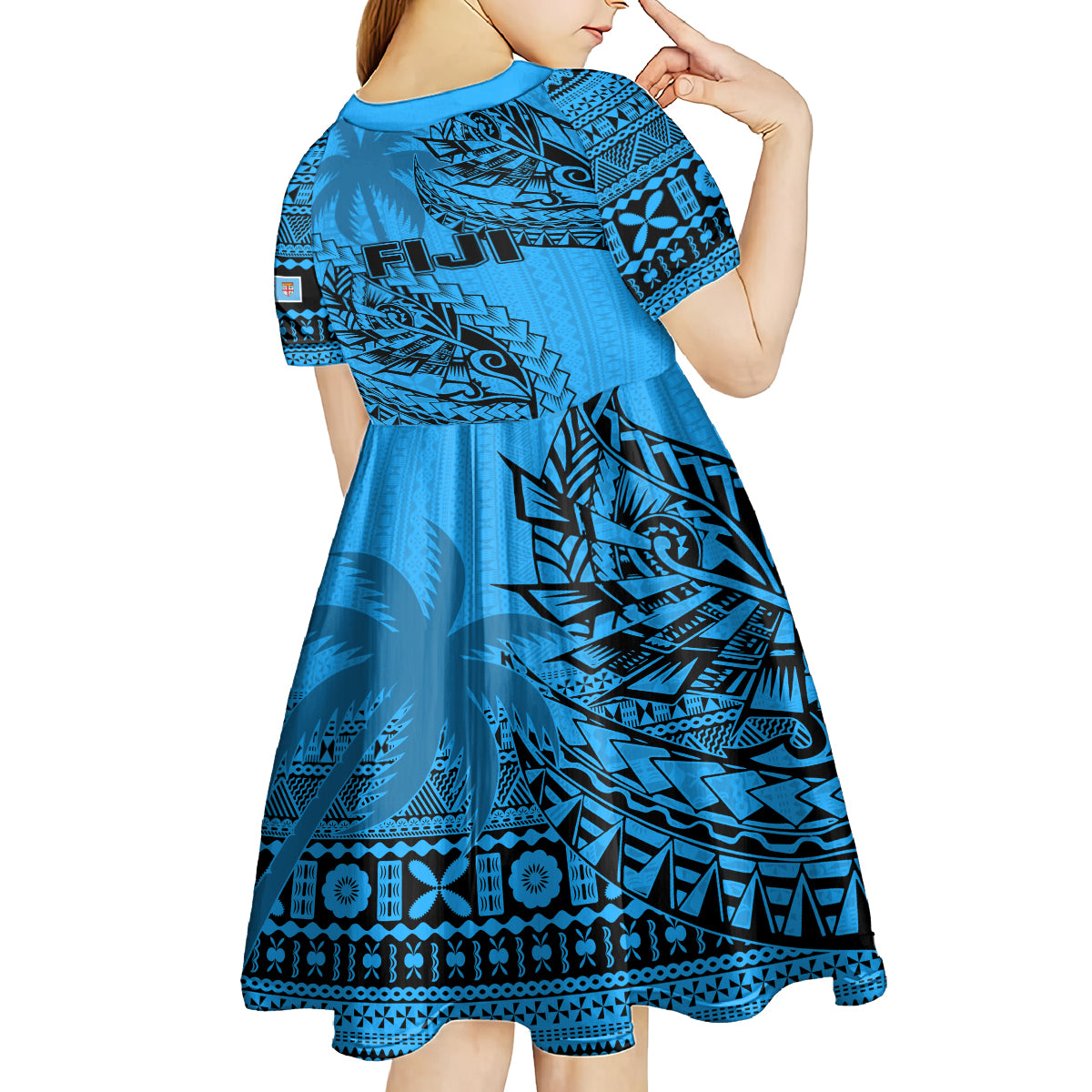 Fiji Rugby Kid Short Sleeve Dress Kaiviti Fijian Tribal World Cup Blue No1 LT9 - Polynesian Pride