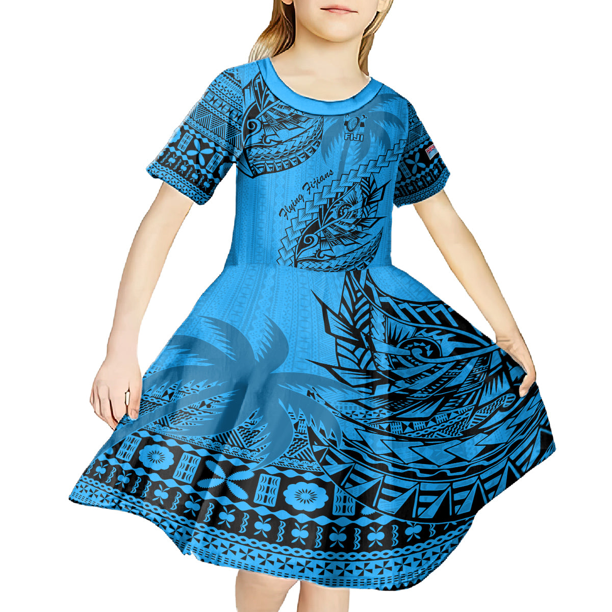 Fiji Rugby Kid Short Sleeve Dress Kaiviti Fijian Tribal World Cup Blue No1 LT9 - Polynesian Pride