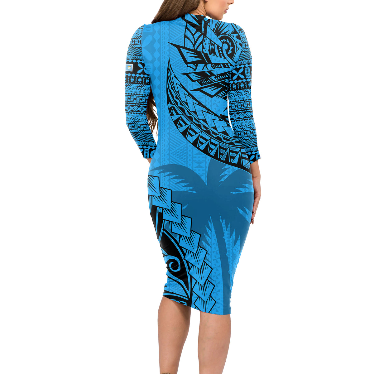 Fiji Rugby Long Sleeve Bodycon Dress Kaiviti Fijian Tribal World Cup Blue No1 LT9 - Polynesian Pride