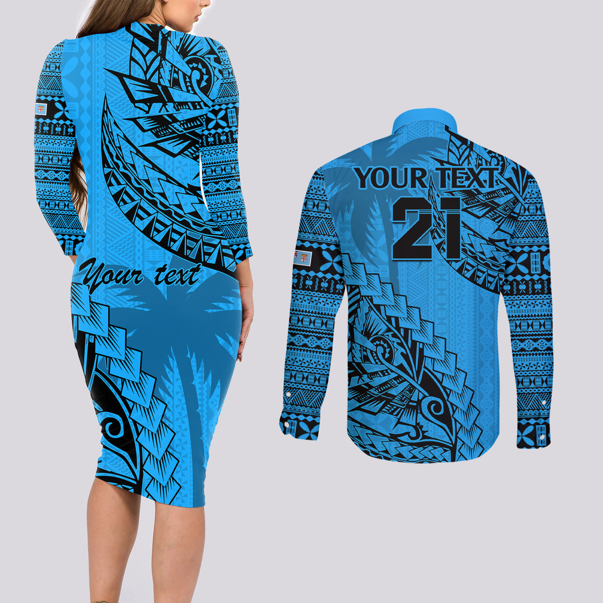 Custom Fiji Rugby Couples Matching Long Sleeve Bodycon Dress and Long Sleeve Button Shirt Kaiviti Fijian Tribal World Cup Blue No1 LT9 - Polynesian Pride