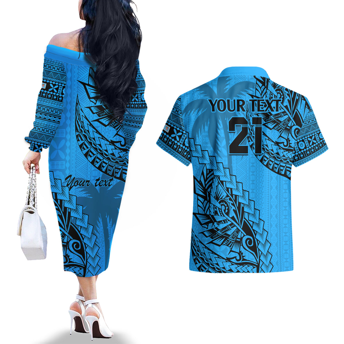 Custom Fiji Rugby Couples Matching Off The Shoulder Long Sleeve Dress and Hawaiian Shirt Kaiviti Fijian Tribal World Cup Blue No1 LT9 - Polynesian Pride