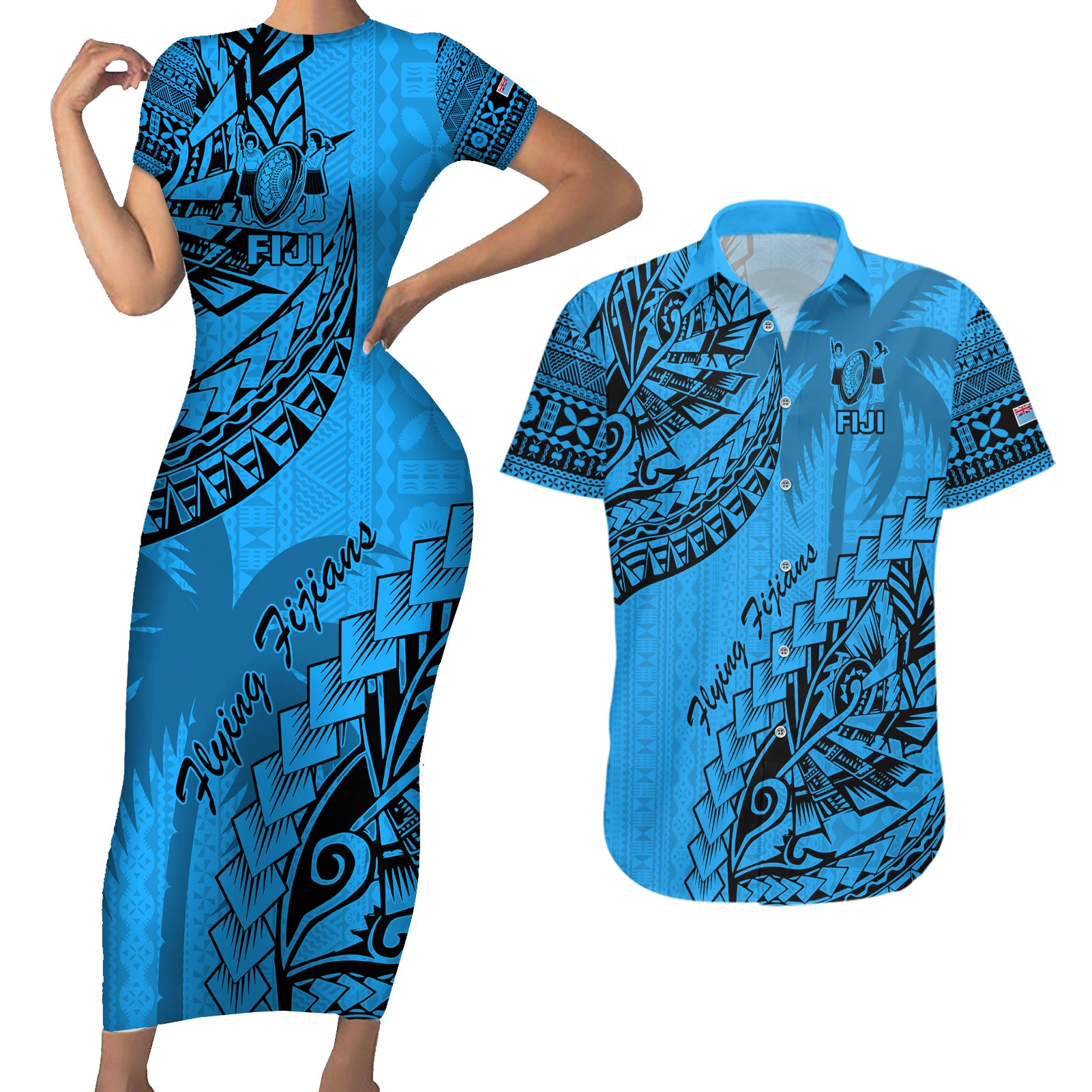 Custom Fiji Rugby Couples Matching Short Sleeve Bodycon Dress and Hawaiian Shirt Kaiviti Fijian Tribal World Cup Blue No1 LT9 Blue - Polynesian Pride