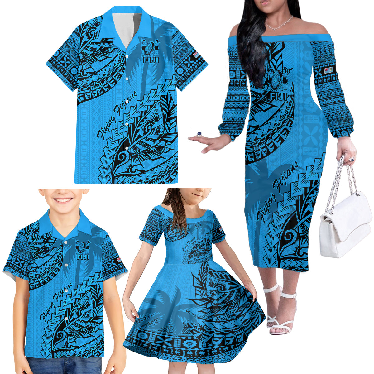 Custom Fiji Rugby Family Matching Off Shoulder Long Sleeve Dress and Hawaiian Shirt Kaiviti Fijian Tribal World Cup Blue No1 LT9 - Polynesian Pride