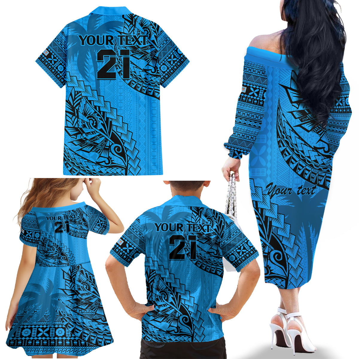 Custom Fiji Rugby Family Matching Off Shoulder Long Sleeve Dress and Hawaiian Shirt Kaiviti Fijian Tribal World Cup Blue No1 LT9 - Polynesian Pride