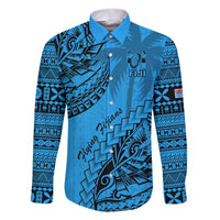 Custom Fiji Rugby Family Matching Short Sleeve Bodycon Dress and Hawaiian Shirt Kaiviti Fijian Tribal World Cup Blue No1 LT9 Dad's Shirt - Long Sleeve Blue - Polynesian Pride