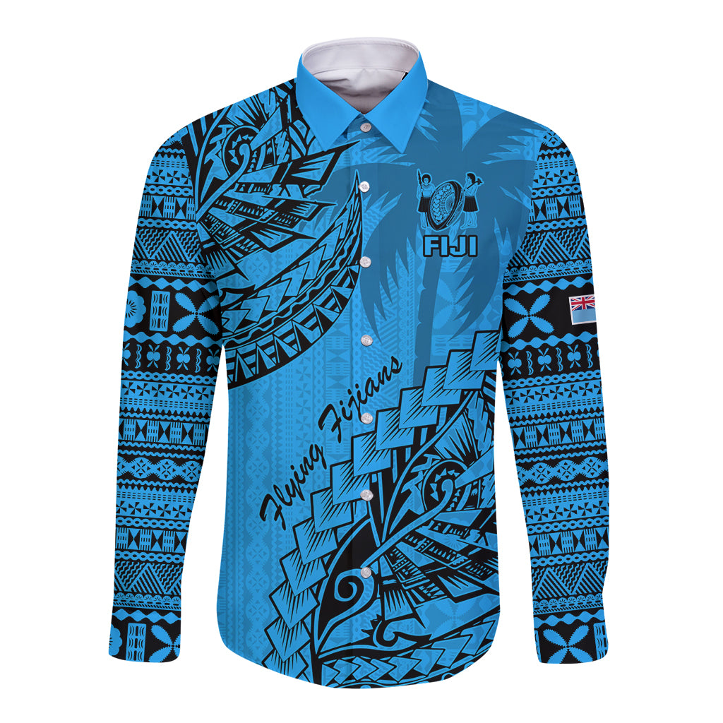Custom Fiji Rugby Long Sleeve Button Shirt Kaiviti Fijian Tribal World Cup Blue No1 LT9 Unisex Blue - Polynesian Pride