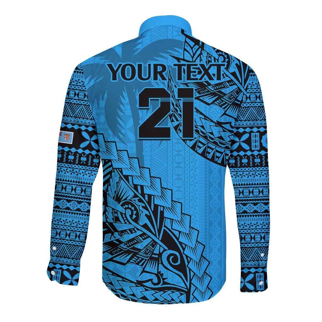 Custom Fiji Rugby Long Sleeve Button Shirt Kaiviti Fijian Tribal World Cup Blue No1 LT9 - Polynesian Pride