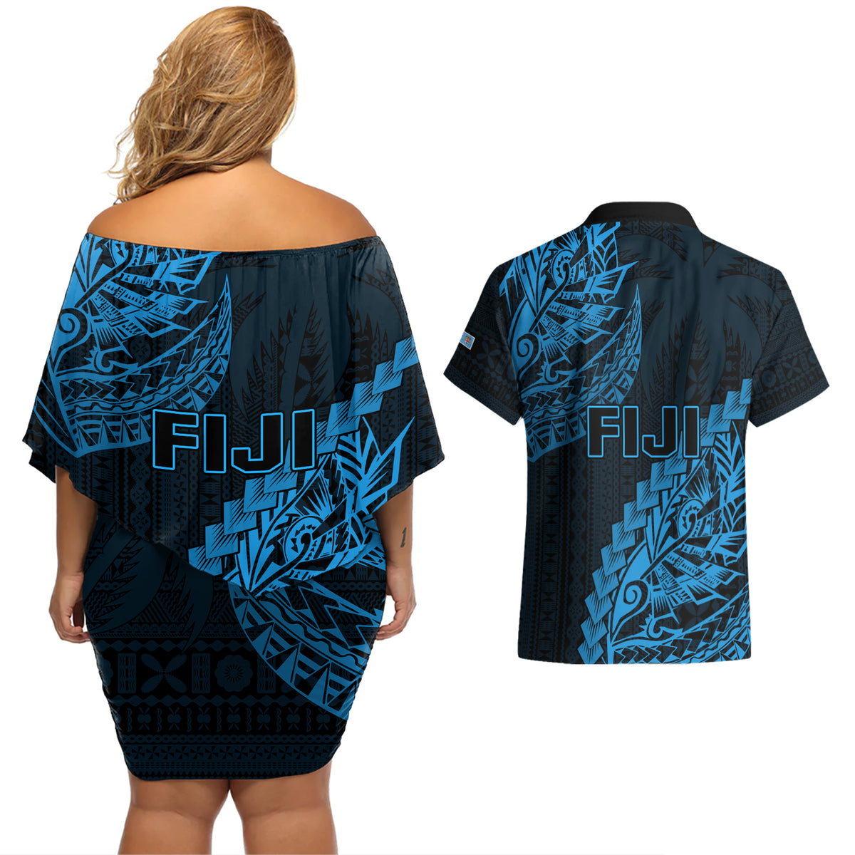 Fiji Rugby Couples Matching Off Shoulder Short Dress and Hawaiian Shirt Kaiviti Fijian Tribal World Cup Blue No2 LT9 - Polynesian Pride