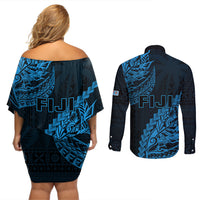 Fiji Rugby Couples Matching Off Shoulder Short Dress and Long Sleeve Button Shirt Kaiviti Fijian Tribal World Cup Blue No2 LT9 - Polynesian Pride