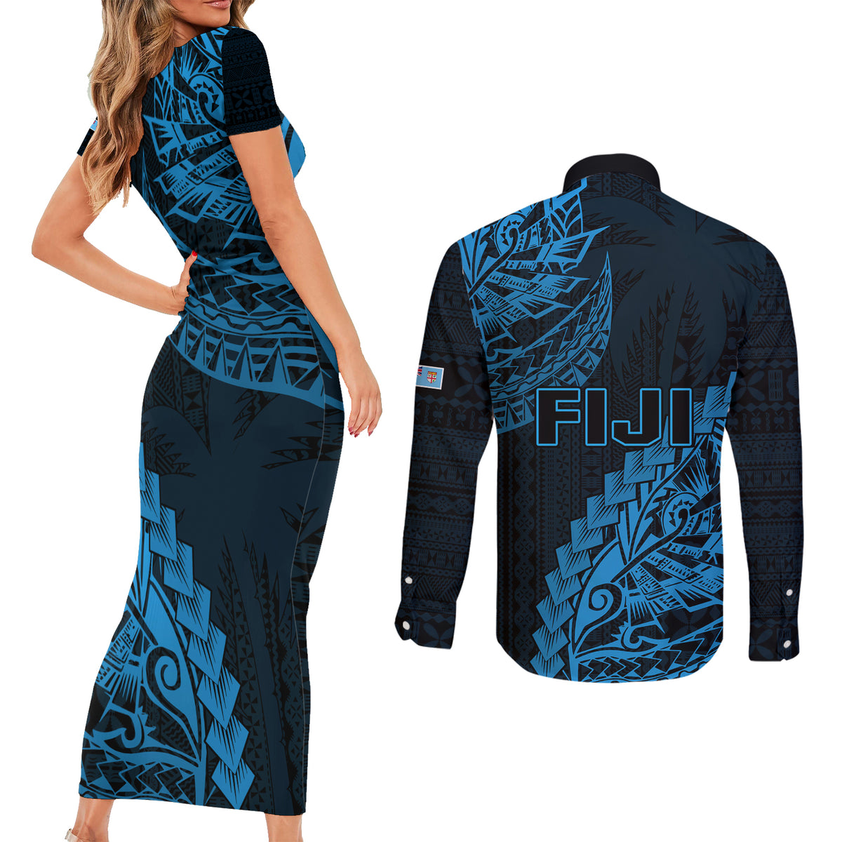 Fiji Rugby Couples Matching Short Sleeve Bodycon Dress and Long Sleeve Button Shirt Kaiviti Fijian Tribal World Cup Blue No2 LT9 - Polynesian Pride