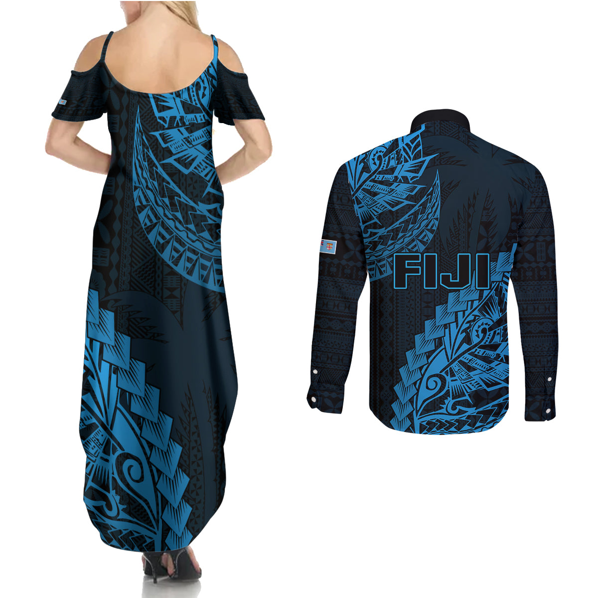 Fiji Rugby Couples Matching Summer Maxi Dress and Long Sleeve Button Shirt Kaiviti Fijian Tribal World Cup Blue No2 LT9 - Polynesian Pride