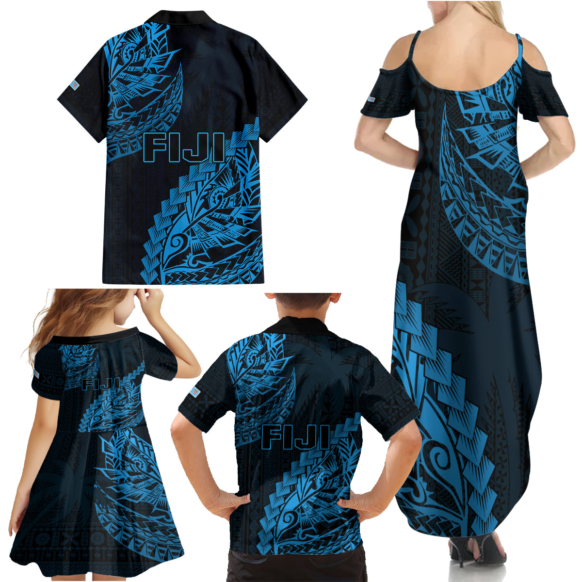 Fiji Rugby Family Matching Summer Maxi Dress and Hawaiian Shirt Kaiviti Fijian Tribal World Cup Blue No2 LT9 - Polynesian Pride