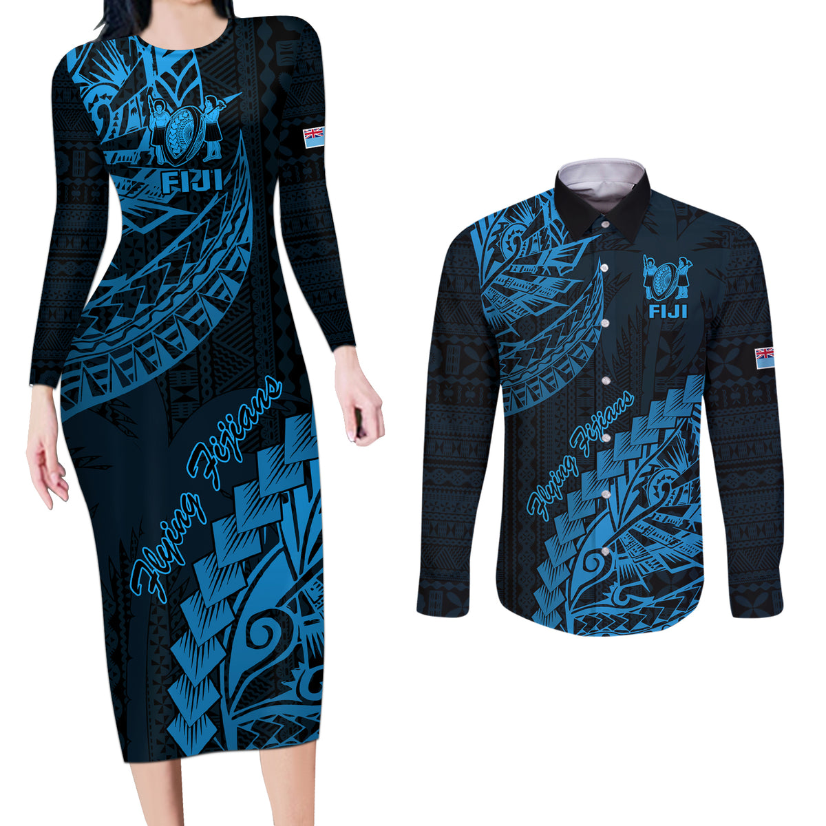 Custom Fiji Rugby Couples Matching Long Sleeve Bodycon Dress and Long Sleeve Button Shirt Kaiviti Fijian Tribal World Cup Blue No2 LT9 Blue - Polynesian Pride