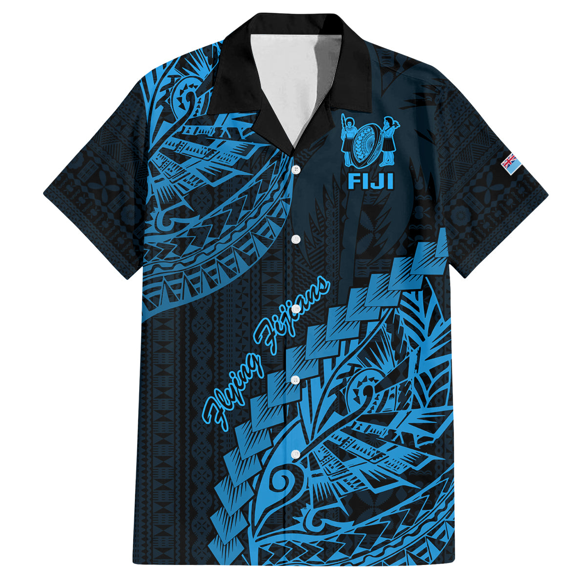 Custom Fiji Rugby Family Matching Off Shoulder Long Sleeve Dress and Hawaiian Shirt Kaiviti Fijian Tribal World Cup Blue No2 LT9 Dad's Shirt - Short Sleeve Blue - Polynesian Pride