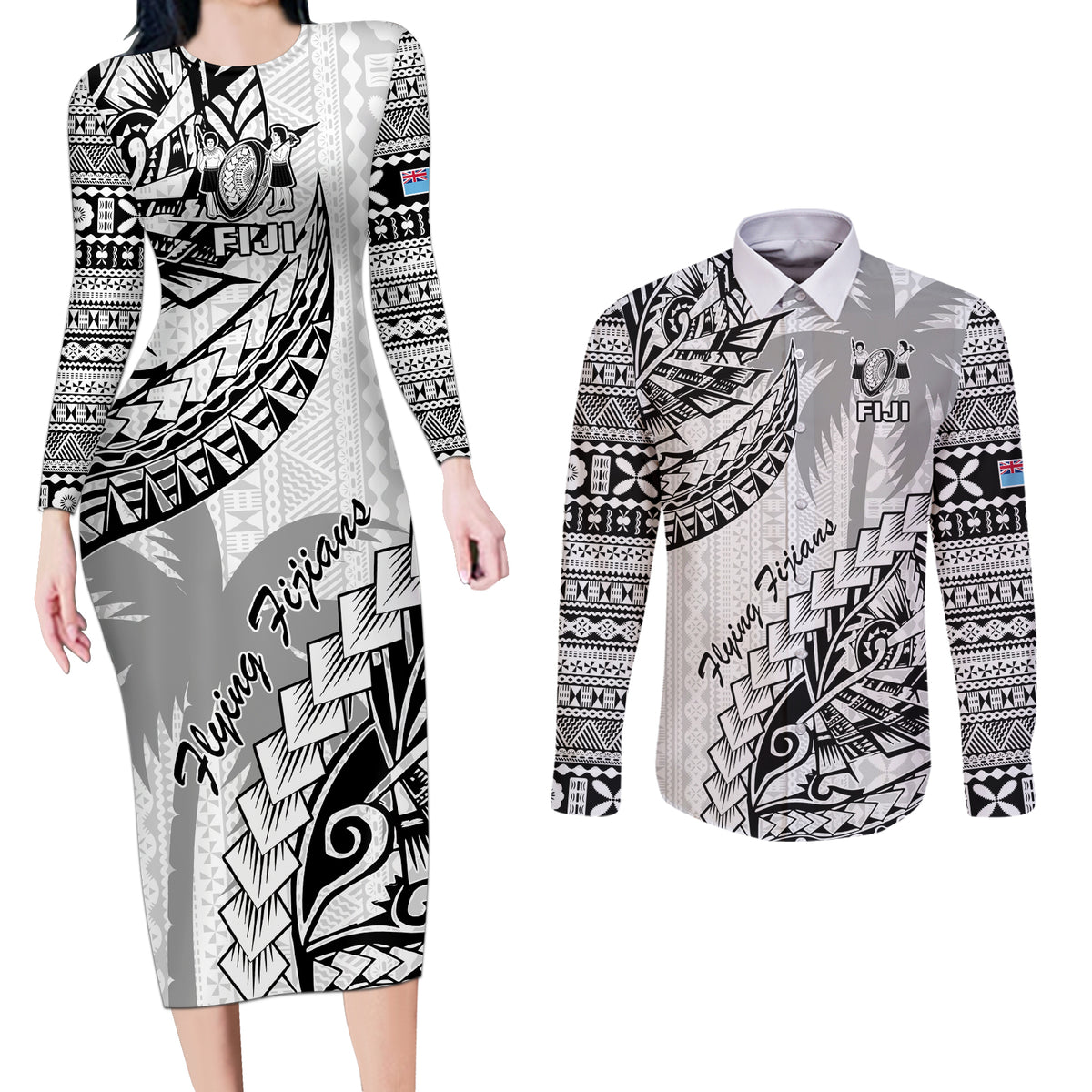 Fiji Rugby Couples Matching Long Sleeve Bodycon Dress and Long Sleeve Button Shirt Kaiviti Fijian Tribal World Cup White LT9 White - Polynesian Pride