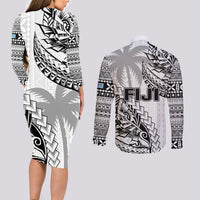 Fiji Rugby Couples Matching Long Sleeve Bodycon Dress and Long Sleeve Button Shirt Kaiviti Fijian Tribal World Cup White LT9 - Polynesian Pride