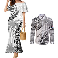 Fiji Rugby Couples Matching Mermaid Dress and Long Sleeve Button Shirt Kaiviti Fijian Tribal World Cup White LT9 White - Polynesian Pride
