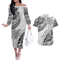 Fiji Rugby Couples Matching Off The Shoulder Long Sleeve Dress and Hawaiian Shirt Kaiviti Fijian Tribal World Cup White LT9 White - Polynesian Pride