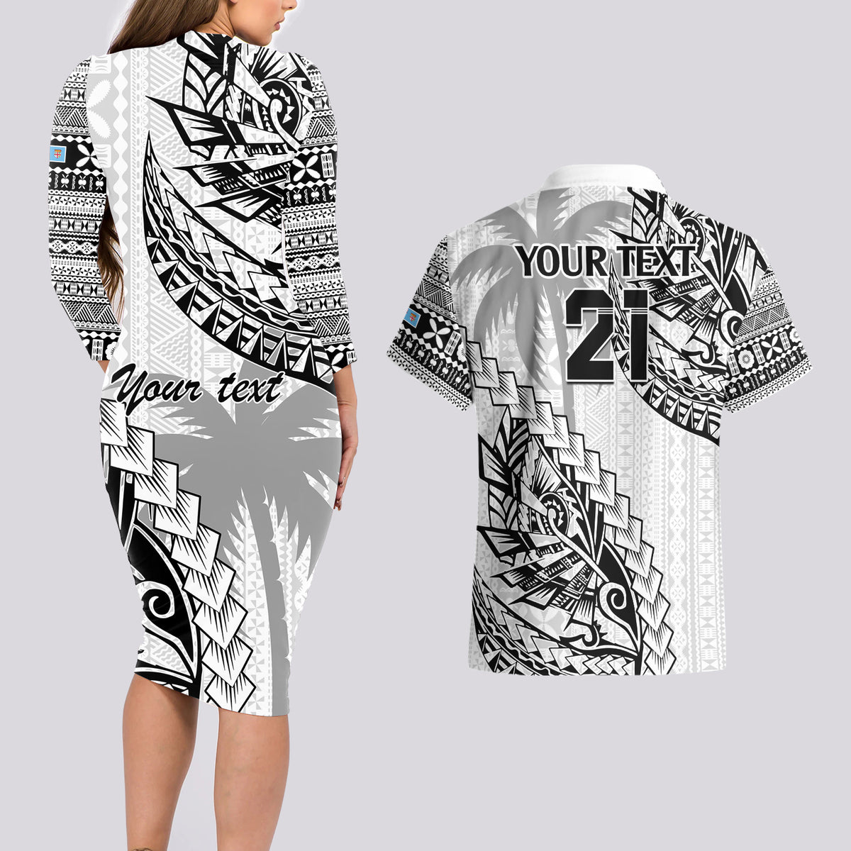 Custom Fiji Rugby Couples Matching Long Sleeve Bodycon Dress and Hawaiian Shirt Kaiviti Fijian Tribal World Cup White LT9 - Polynesian Pride