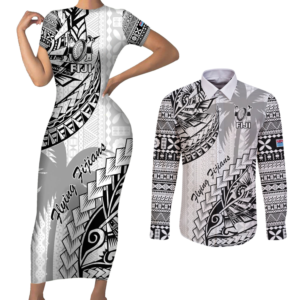 Custom Fiji Rugby Couples Matching Short Sleeve Bodycon Dress and Long Sleeve Button Shirt Kaiviti Fijian Tribal World Cup White LT9 White - Polynesian Pride