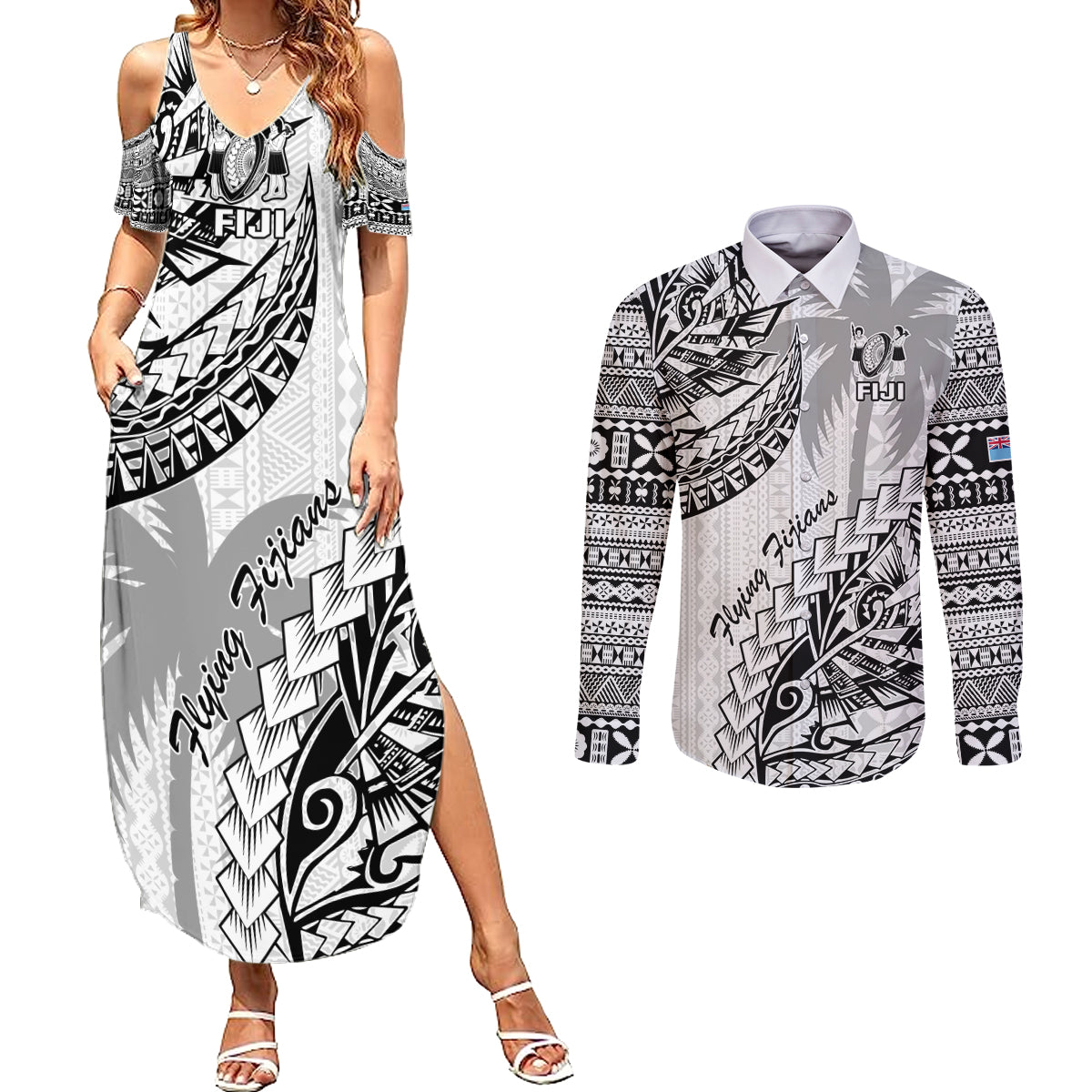 Custom Fiji Rugby Couples Matching Summer Maxi Dress and Long Sleeve Button Shirt Kaiviti Fijian Tribal World Cup White LT9 White - Polynesian Pride