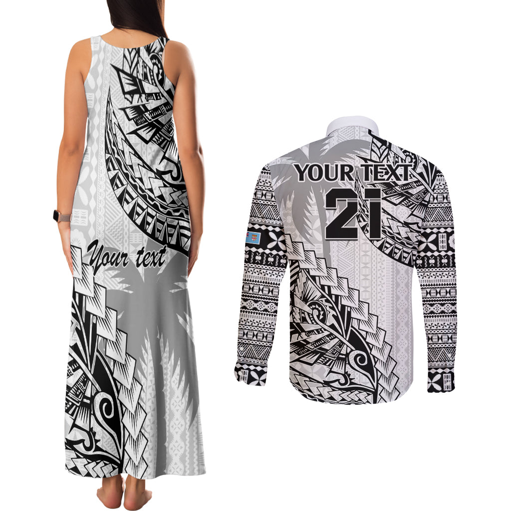 Custom Fiji Rugby Couples Matching Tank Maxi Dress and Long Sleeve Button Shirt Kaiviti Fijian Tribal World Cup White LT9 - Polynesian Pride