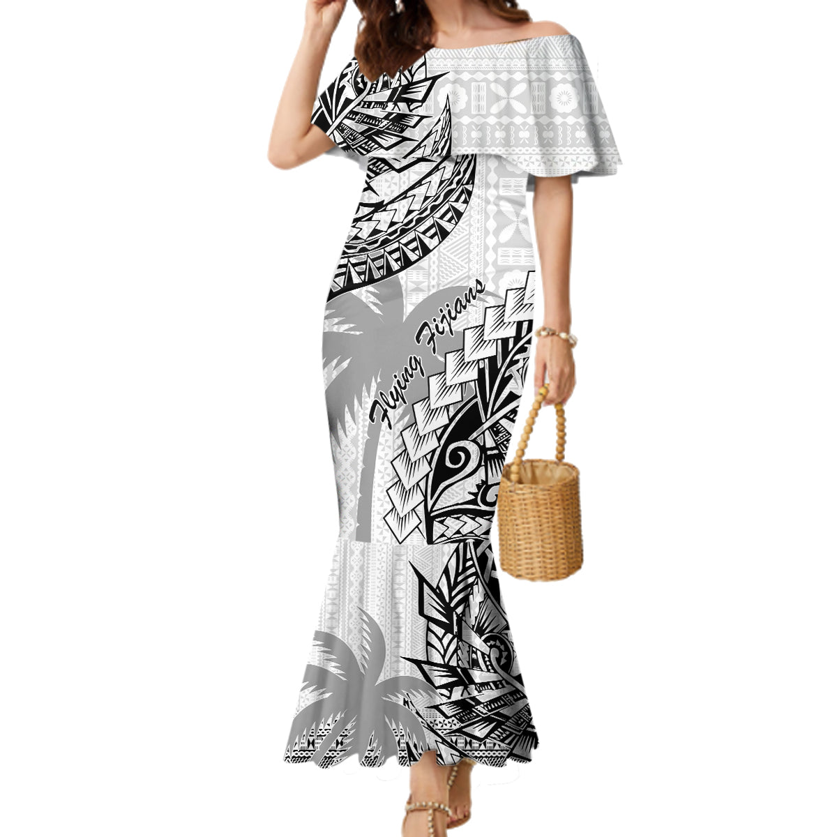 Custom Fiji Rugby Family Matching Mermaid Dress and Hawaiian Shirt Kaiviti Fijian Tribal World Cup White LT9 Mom's Dress White - Polynesian Pride