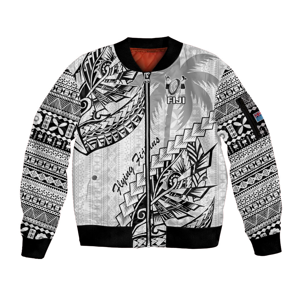 Custom Fiji Rugby Sleeve Zip Bomber Jacket Kaiviti Fijian Tribal World Cup White LT9 Unisex White - Polynesian Pride