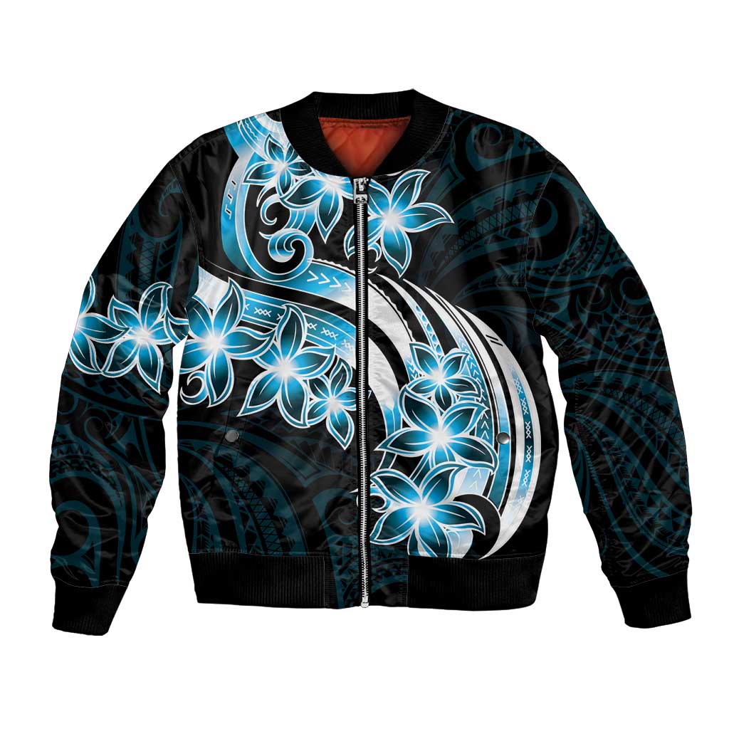 Plumeria Tribal Tattoo Bomber Jacket Blue Polynesian Pattern LT9 Unisex Blue - Polynesian Pride