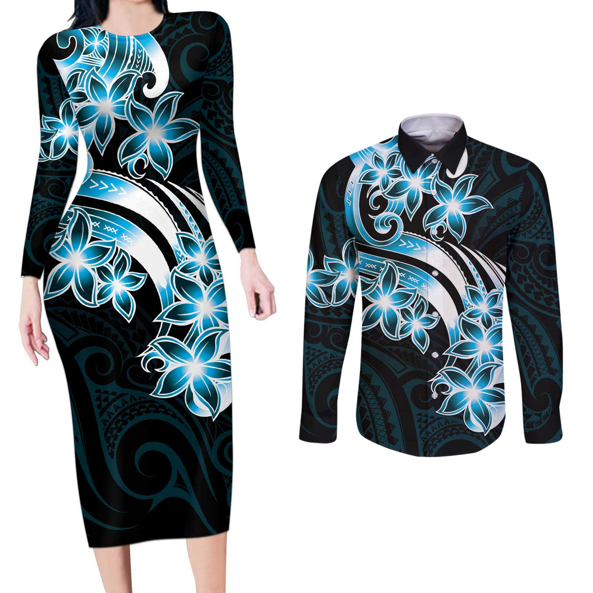 Plumeria Tribal Tattoo Couples Matching Long Sleeve Bodycon Dress and Long Sleeve Button Shirt Blue Polynesian Pattern LT9 Blue - Polynesian Pride