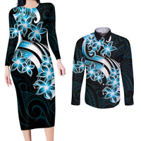 Plumeria Tribal Tattoo Couples Matching Long Sleeve Bodycon Dress and Long Sleeve Button Shirt Blue Polynesian Pattern LT9 Blue - Polynesian Pride