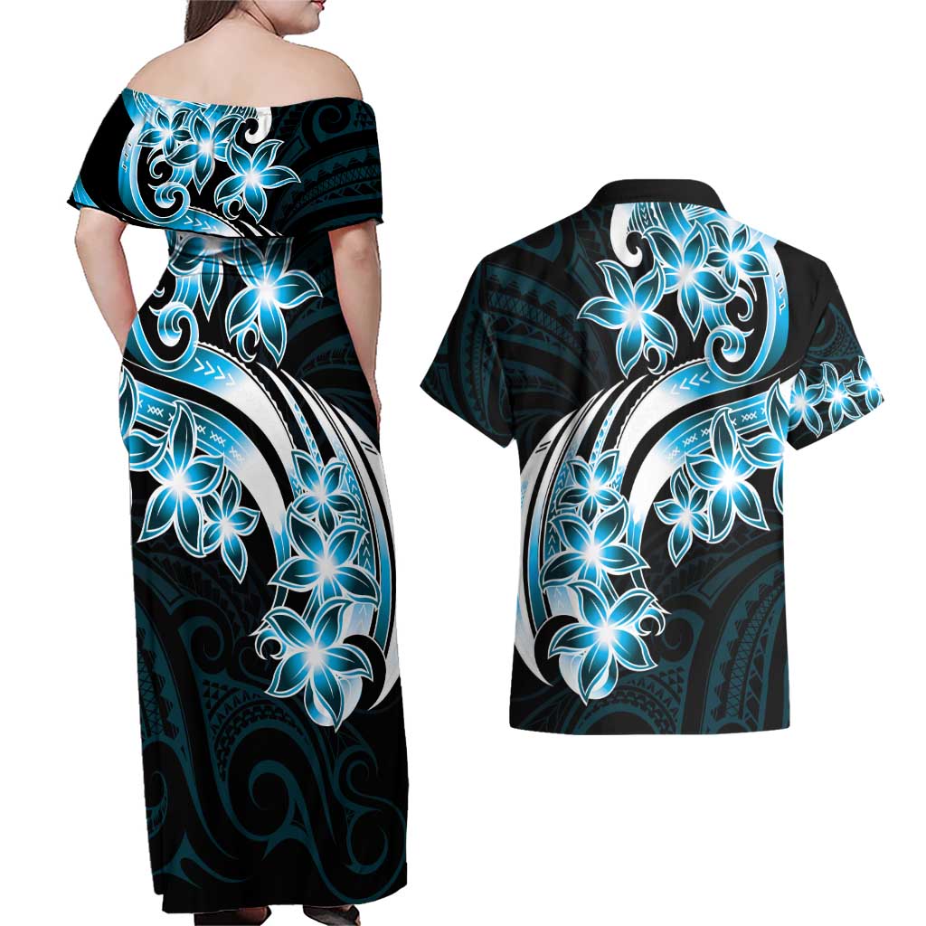 Plumeria Tribal Tattoo Couples Matching Off Shoulder Maxi Dress and Hawaiian Shirt Blue Polynesian Pattern