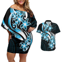 Plumeria Tribal Tattoo Couples Matching Off Shoulder Short Dress and Hawaiian Shirt Blue Polynesian Pattern LT9 Blue - Polynesian Pride