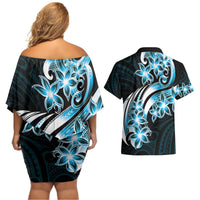 Plumeria Tribal Tattoo Couples Matching Off Shoulder Short Dress and Hawaiian Shirt Blue Polynesian Pattern LT9 - Polynesian Pride