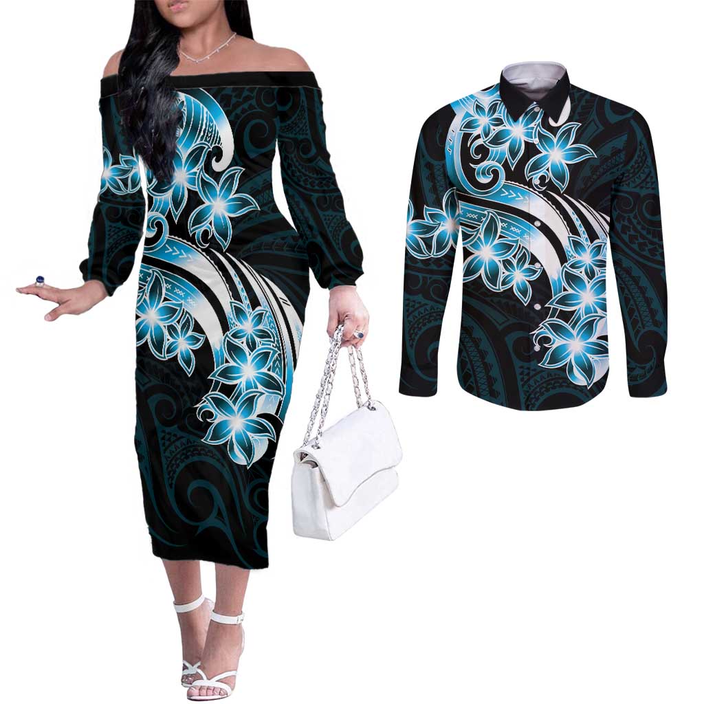 Plumeria Tribal Tattoo Couples Matching Off The Shoulder Long Sleeve Dress and Long Sleeve Button Shirt Blue Polynesian Pattern LT9 Blue - Polynesian Pride