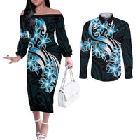 Plumeria Tribal Tattoo Couples Matching Off The Shoulder Long Sleeve Dress and Long Sleeve Button Shirt Blue Polynesian Pattern LT9 Blue - Polynesian Pride
