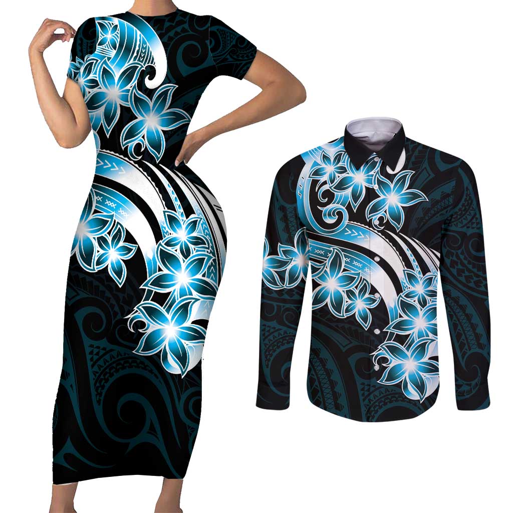 Plumeria Tribal Tattoo Couples Matching Short Sleeve Bodycon Dress and Long Sleeve Button Shirt Blue Polynesian Pattern LT9 Blue - Polynesian Pride