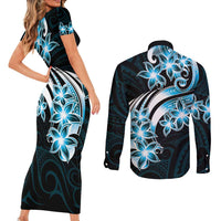 Plumeria Tribal Tattoo Couples Matching Short Sleeve Bodycon Dress and Long Sleeve Button Shirt Blue Polynesian Pattern LT9 - Polynesian Pride