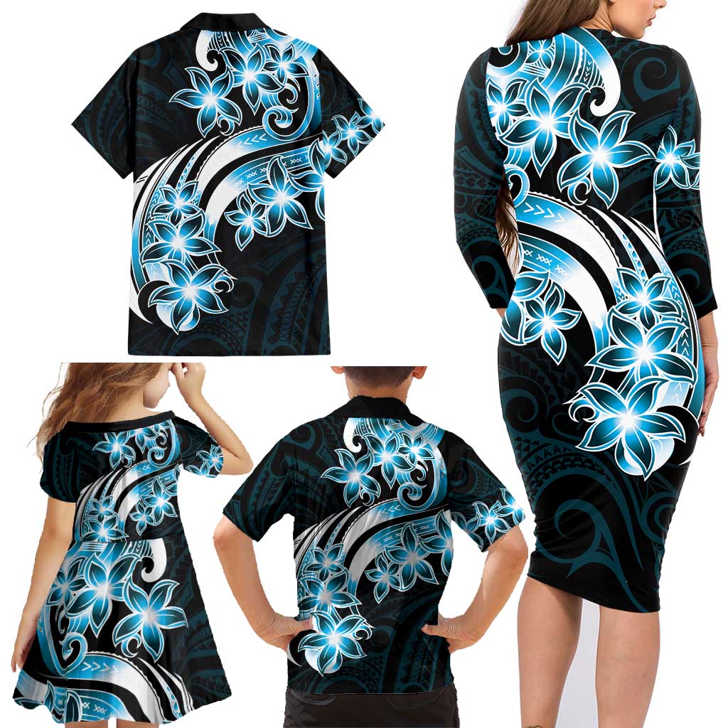 Plumeria Tribal Tattoo Family Matching Long Sleeve Bodycon Dress and Hawaiian Shirt Blue Polynesian Pattern