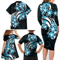 Plumeria Tribal Tattoo Family Matching Long Sleeve Bodycon Dress and Hawaiian Shirt Blue Polynesian Pattern