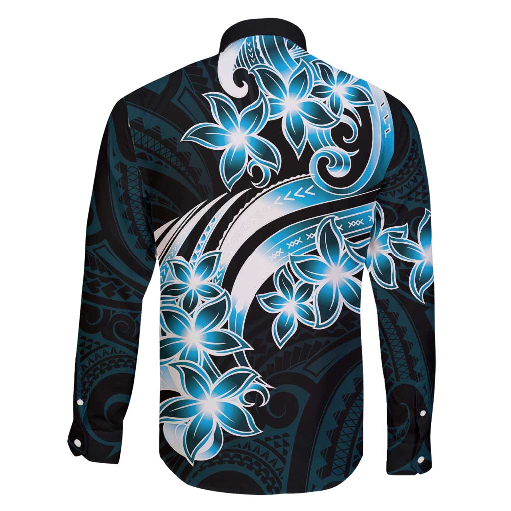 Plumeria Tribal Tattoo Family Matching Long Sleeve Bodycon Dress and Hawaiian Shirt Blue Polynesian Pattern