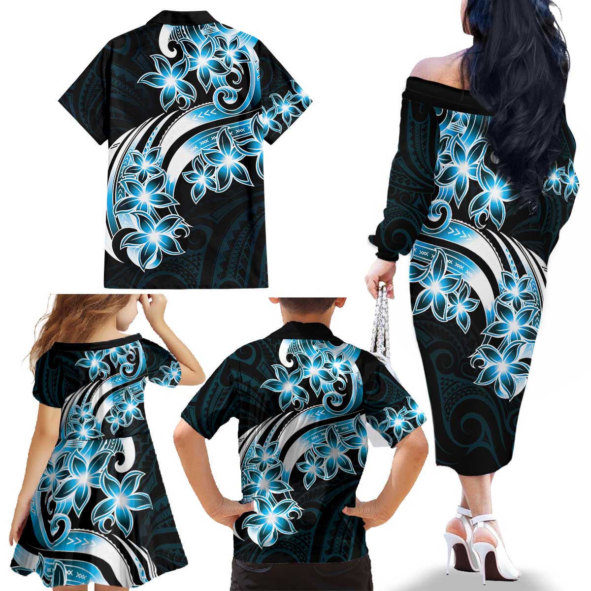 Plumeria Tribal Tattoo Family Matching Off The Shoulder Long Sleeve Dress and Hawaiian Shirt Blue Polynesian Pattern