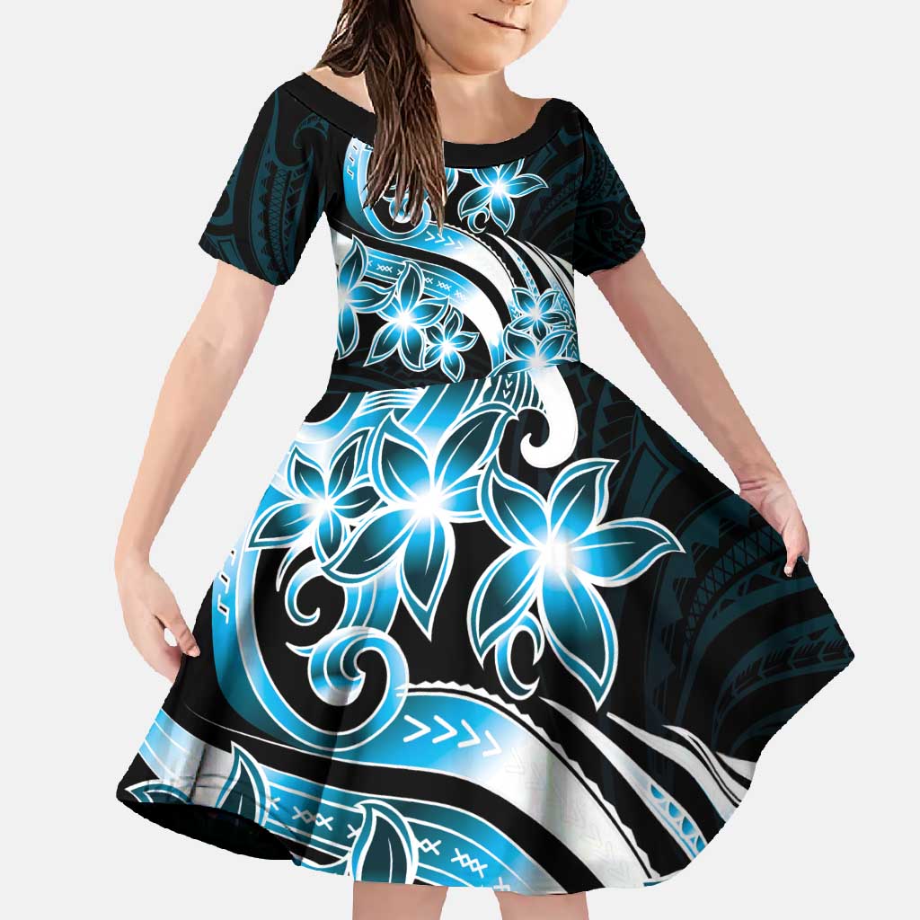 Plumeria Tribal Tattoo Family Matching Off Shoulder Maxi Dress and Hawaiian Shirt Blue Polynesian Pattern LT9 Daughter's Dress Blue - Polynesian Pride