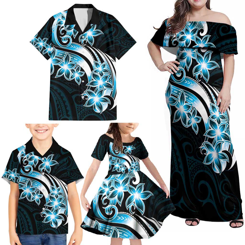 Plumeria Tribal Tattoo Family Matching Off Shoulder Maxi Dress and Hawaiian Shirt Blue Polynesian Pattern LT9 - Polynesian Pride