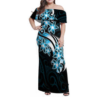 Plumeria Tribal Tattoo Family Matching Off Shoulder Maxi Dress and Hawaiian Shirt Blue Polynesian Pattern LT9 Mom's Dress Blue - Polynesian Pride