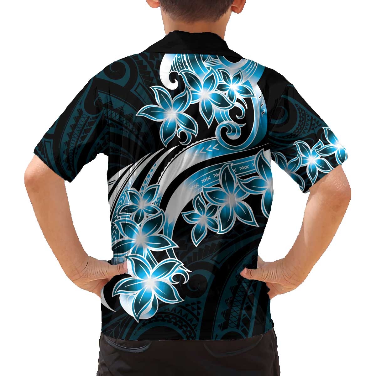 Plumeria Tribal Tattoo Family Matching Off Shoulder Short Dress and Hawaiian Shirt Blue Polynesian Pattern LT9 - Polynesian Pride