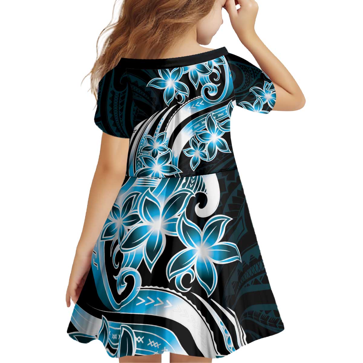 Plumeria Tribal Tattoo Family Matching Off Shoulder Short Dress and Hawaiian Shirt Blue Polynesian Pattern LT9 - Polynesian Pride