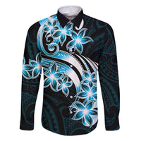 Plumeria Tribal Tattoo Family Matching Off Shoulder Short Dress and Hawaiian Shirt Blue Polynesian Pattern LT9 Dad's Shirt - Long Sleeve Blue - Polynesian Pride