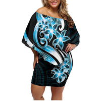 Plumeria Tribal Tattoo Family Matching Off Shoulder Short Dress and Hawaiian Shirt Blue Polynesian Pattern LT9 Mom's Dress Blue - Polynesian Pride