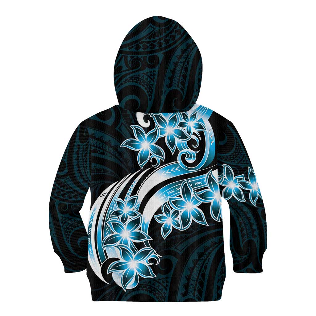 Plumeria Tribal Tattoo Kid Hoodie Blue Polynesian Pattern